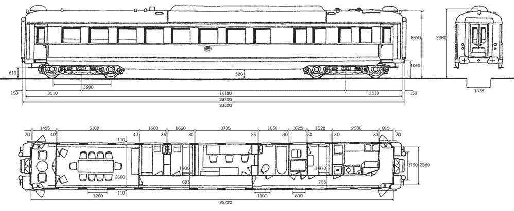 Seitenansicht und Grundriss des Wagens 10 241 Kö1 mit Polyesterabdeckhaube