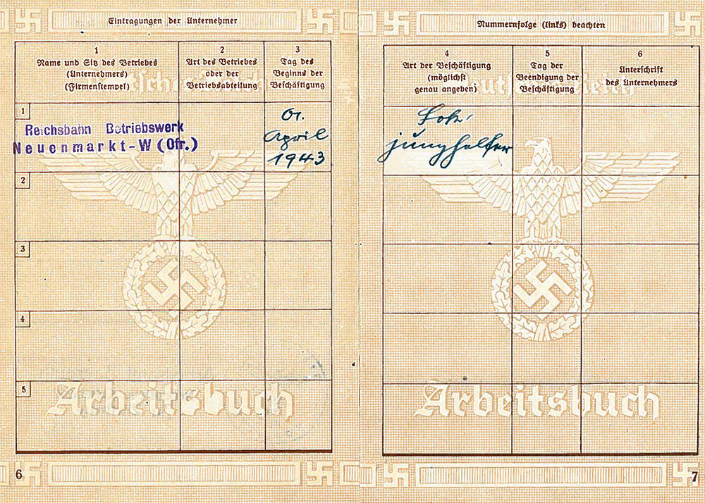 Eintrag im Arbeitsbuch Erich Gollers über den Beginn der Ausbildungszeit im Bahnbetriebswerk Neuenmarkt-Wirsberg 1943