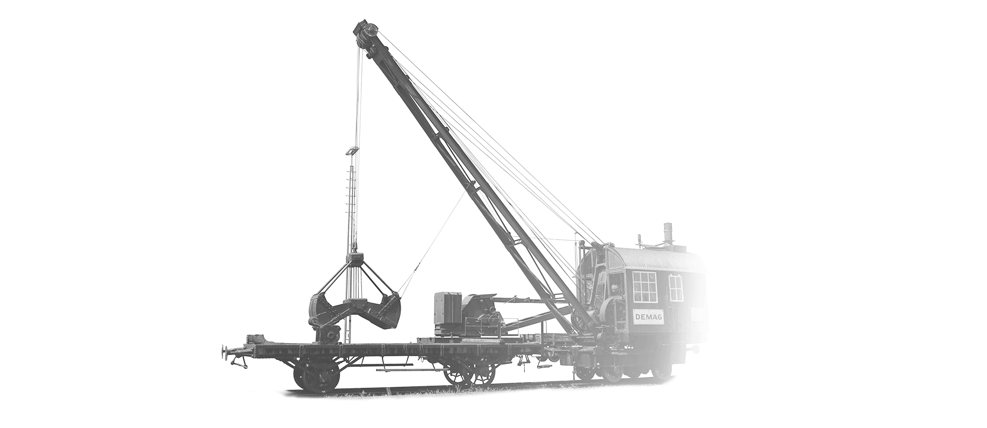A steam crane in black and white