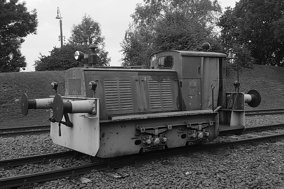 Small diesel shunter in black and white