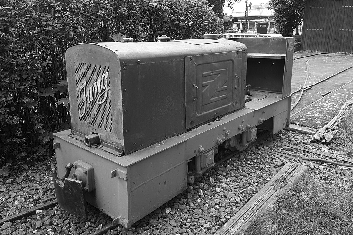Diesel locomotive EL 114 by manufacturer Jung in black and white