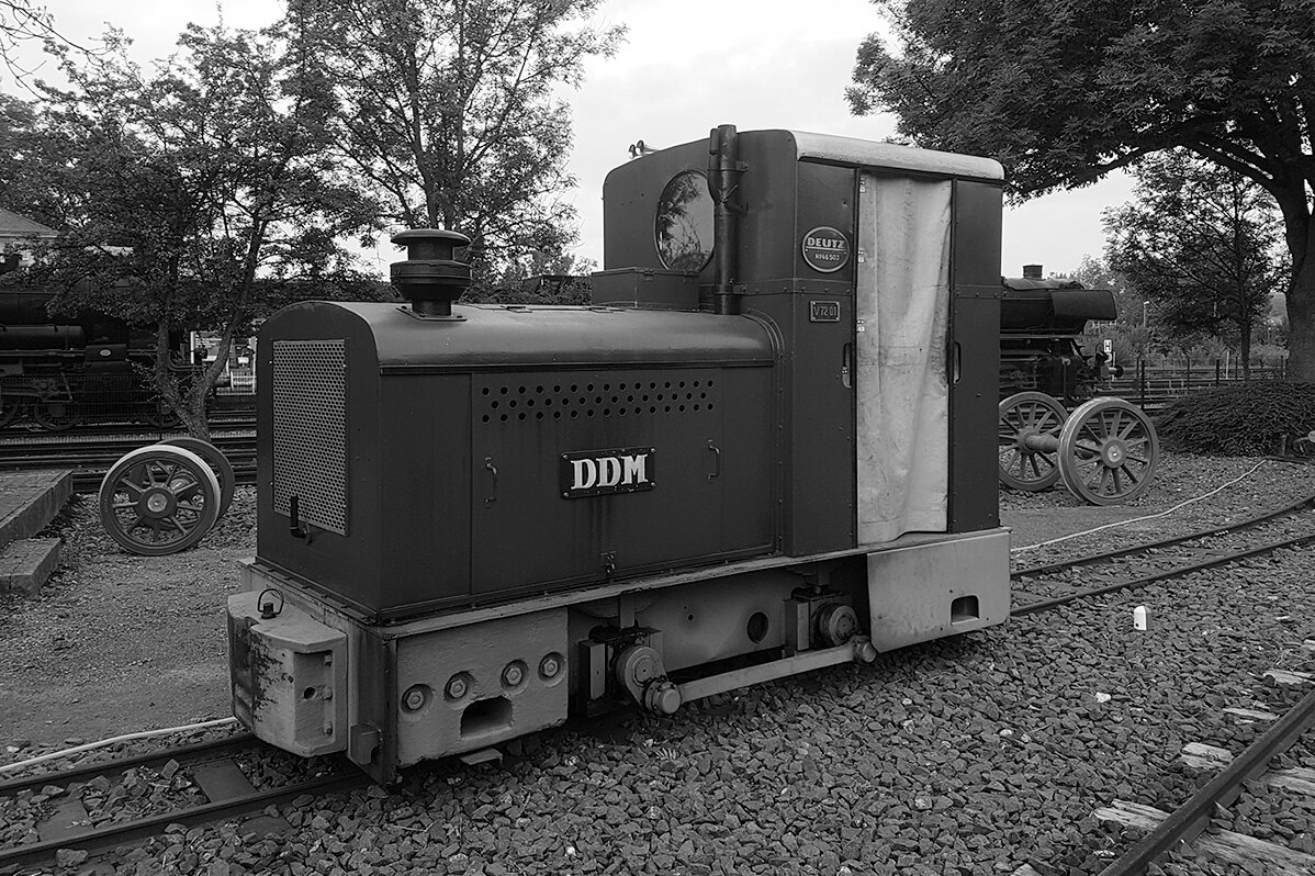 Diesel locomotive V7201 OMZ 122 by manufacturer Deutz in black and white