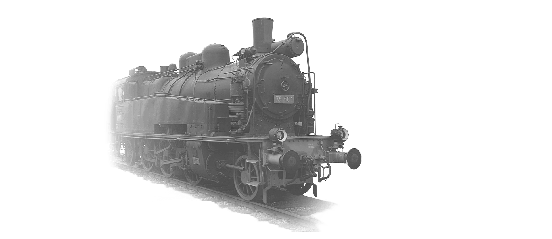 The locomotive 75-501 is coming towards the camera in black and white