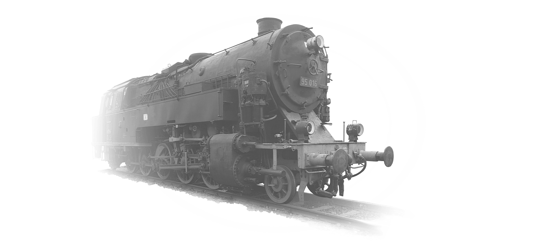 The locomotive 95-016 is coming towards the camera in black and white