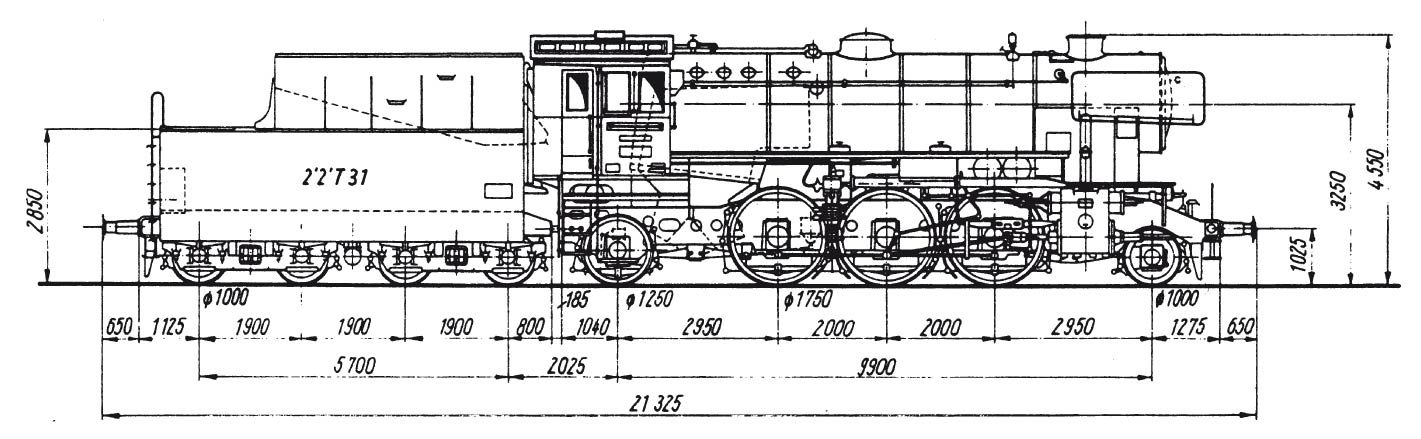 Technische Strichzeichnung der Lok 23-019