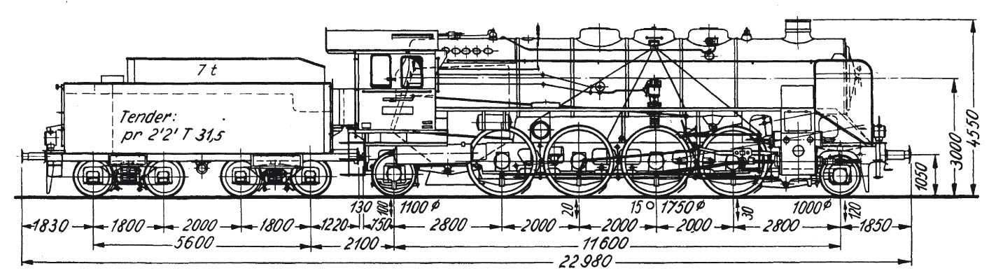 Technische Strichzeichnung der Lok 39-230