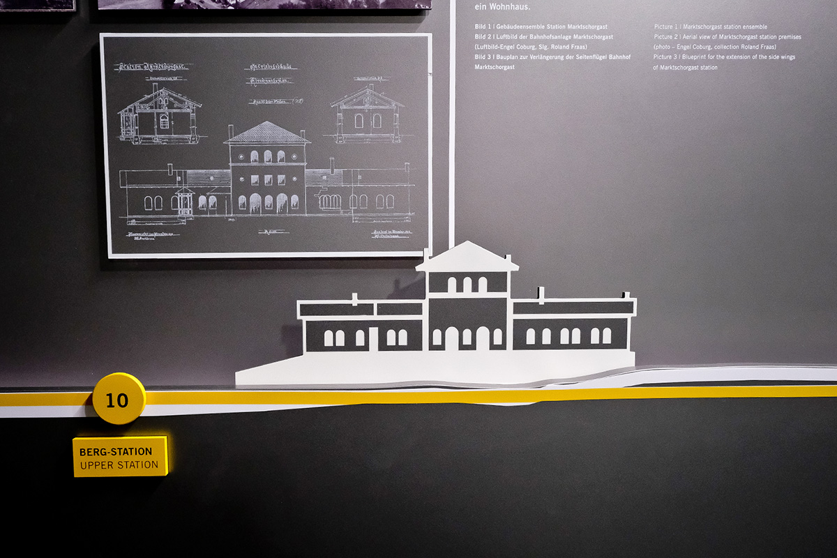 Bauplan und stilisierte Darstellung des Bahnhofs Marktschorgast an einer Informationswand